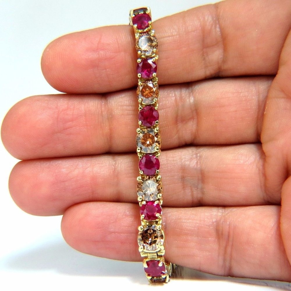24.14ct Natural Fancy Cinnamon Brown Diamonds Red Ruby Bracelet 18kt Tennis*
